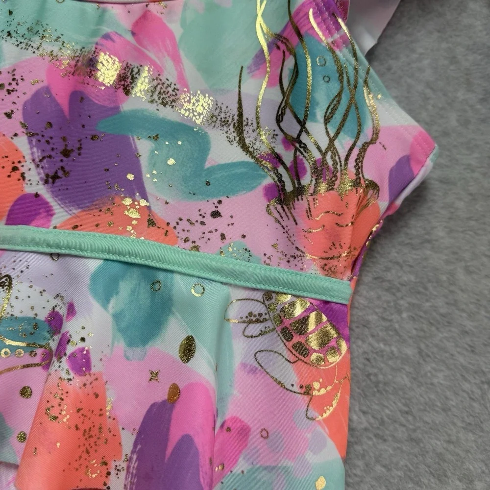 Justice Girls Tankini Swim Top Beach Starfish Sea Turtle Shells Ruffle 10 Medium